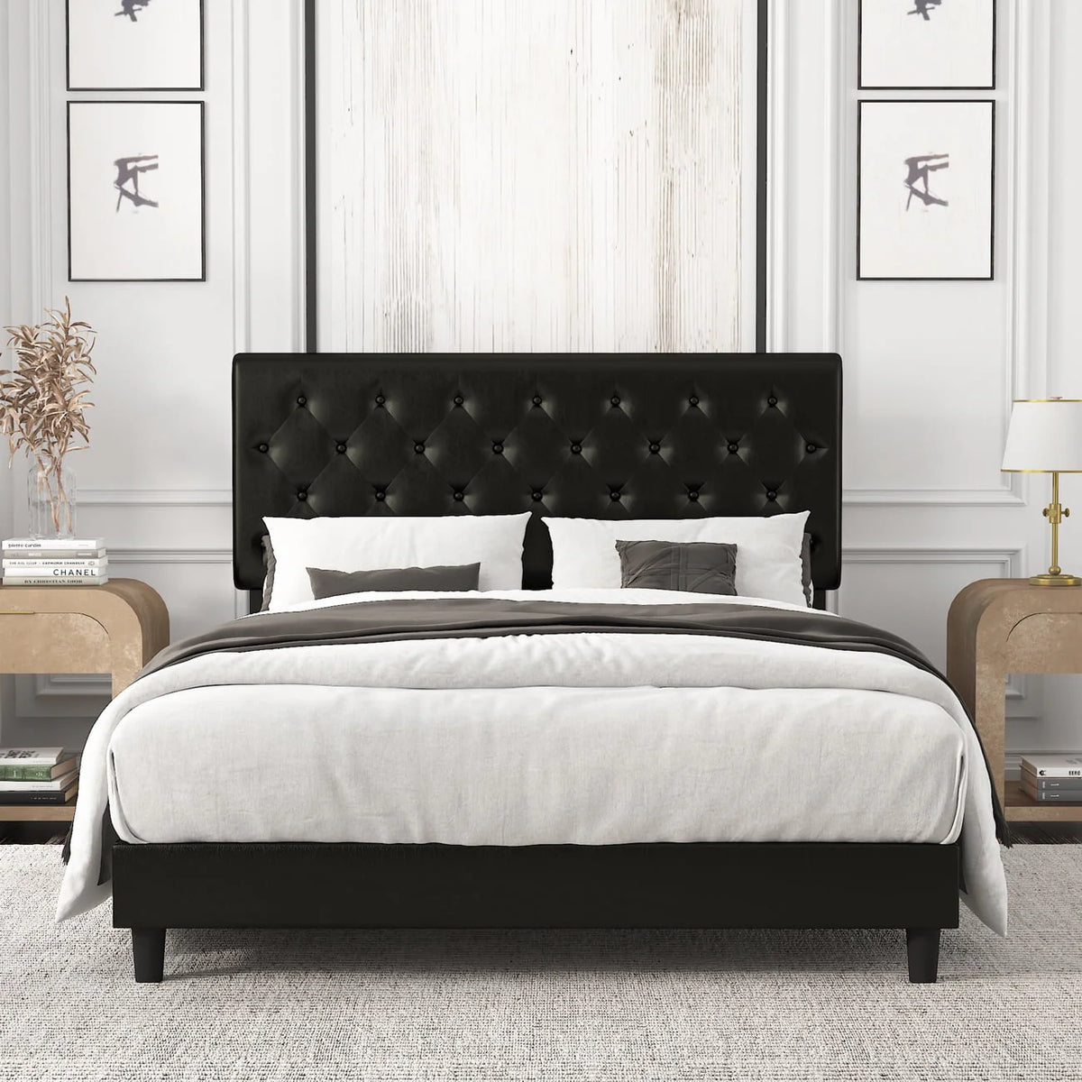 Amolife Queen Bed Frame with Headboard, Diamond Button Tufted Style, Black