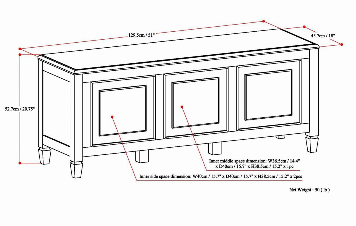 Simpli Home Connaught SOLID WOOD 51 inch Wide Traditional Storage Bench Trunk in Dark Chestnut Brown