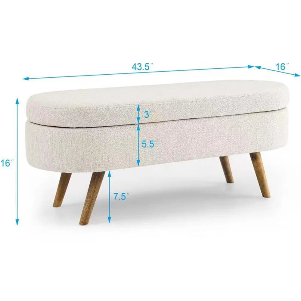 43.5" Oval Storage Ottoman Bench with Solid Wood Legs, Linen Fabric Upholstered Entryway Bench with Safety Hinge, Indoor Bench for End of Bed, Sofa Side, Entryway