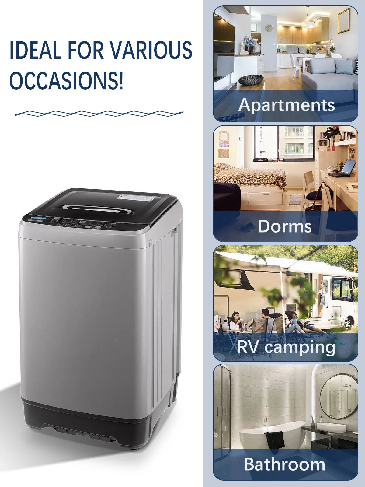 Krib B Full Automatic Washing Machine with Drain Pipe, 17.7 lbs Portable Washers with 10 Programs & 8 Water Levels, Suitable for Apartment, Dorm, Grey