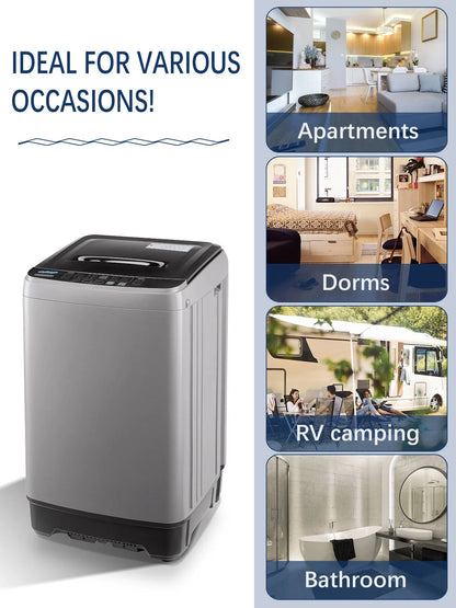 Krib B Full Automatic Washing Machine with Drain Pipe, 17.7 lbs Portable Washers with 10 Programs & 8 Water Levels, Suitable for Apartment, Dorm, Grey