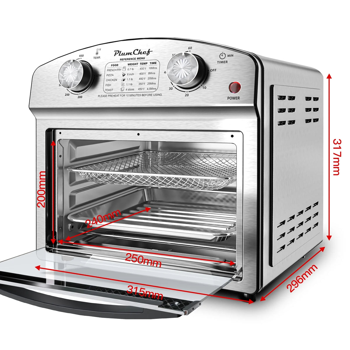 PlumChef 12 Quart 4 Slices Air Fryer Convection Toaster Oven, 1500W , 4 Cooking Modes,  7 in 1 Multifunction with Roast,  Bake, Grill, Broil, Toast, Dehydrate, Defrost, Stainless Stee