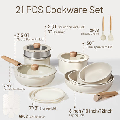 Carote 21 Pcs Nonstick Cookware Set, Pots and Pans Set with Detachable Handles, Oven/Dishwasher Safe, Stackable Kitchen Cooking Set, White Granite.