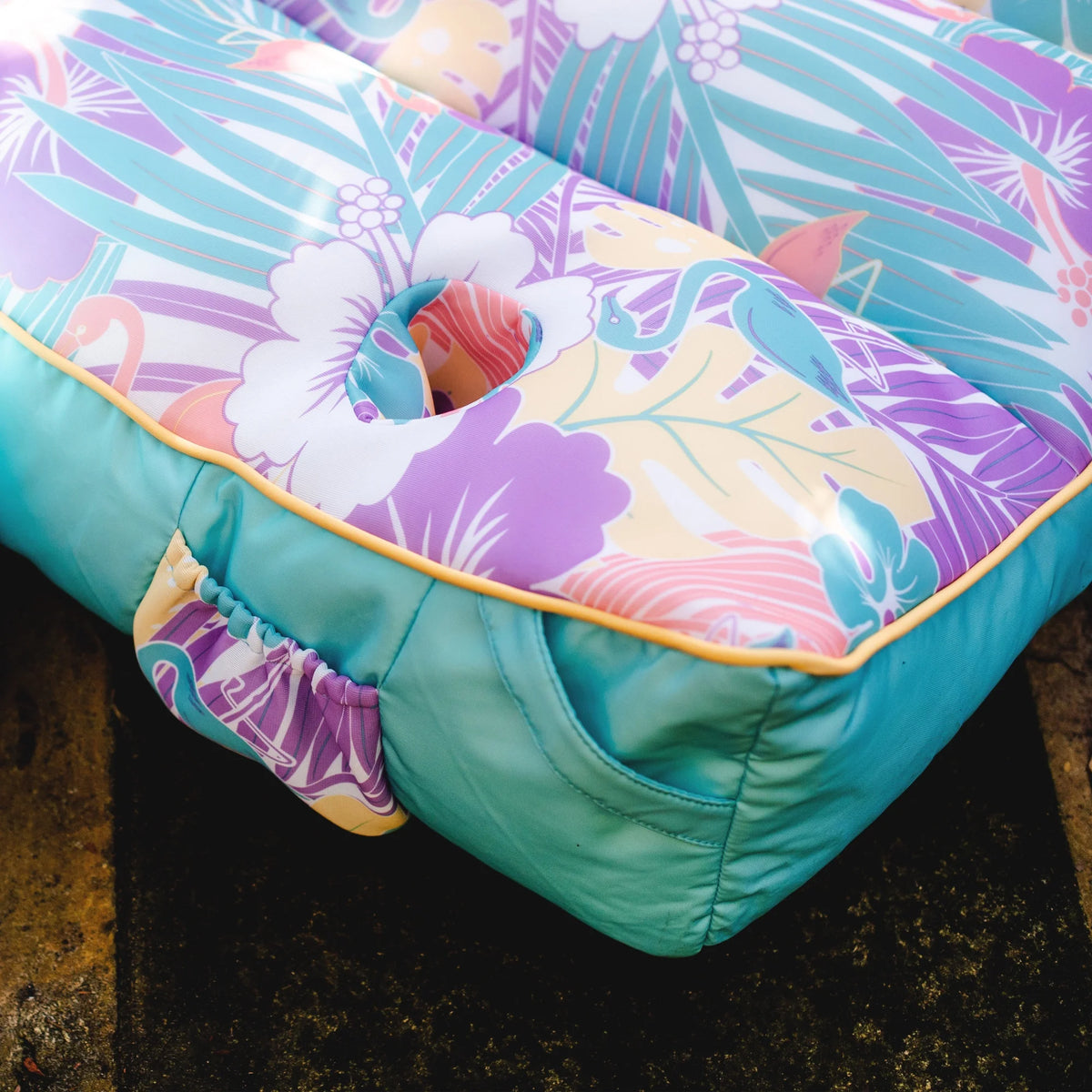 Big Joe Captain's Float No Inflation Needed Pool Lounger with Drink Holder, Tropical Hibiscus Aqua Double Sided Mesh, Quick Draining Fabric, 3 feet