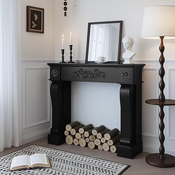 EPICOZY 44.5" Fireplace Mantel, Freestanding Fireplace Surround with Leg for Electric Fireplaces, MDF Mantel Surround with Shelf for Living Room with Decorative Pattern, Anti-Tipping & Waterproof