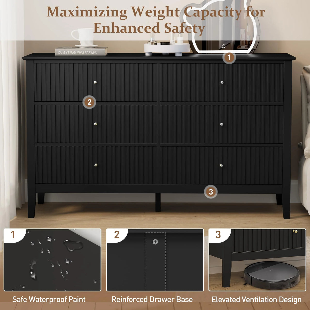 May Color Large White 3 Drawer Dresser Set of 2 with Fluted Panel, Modern Chest of Drawers with Silent Slide Drawers, Wood Accent Nightstand with Storage for Bedroom Living Room, Hallway