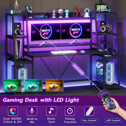 SEDETA 78.8'' Gaming Desk with Hutch and Storage Shelves,LED Lights Computer Desk Gamer Desk, Black