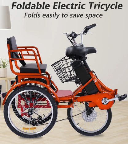 NOMIGO Electric Tricycle for Adults Folding Electric Trike 3 Wheel Electric Trike with Two-seater Large Basket Super Powerful Brushless 350W Motor 48V13AH Lithium Battery Max 20MPH E-Tricycle Orange