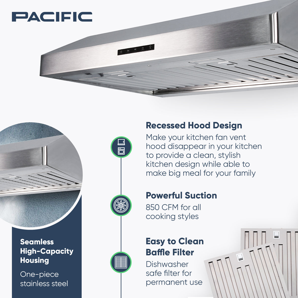 Pacific Economy Pro Under Cabinet Ducted Range Hood 30 inch - 850 CFM 3-Speed Powerful Kitchen Vent Hood - Electric Stainless Steel - Ultra Quiet, Glass Touch Control, 6W LED Lights PR6830AS