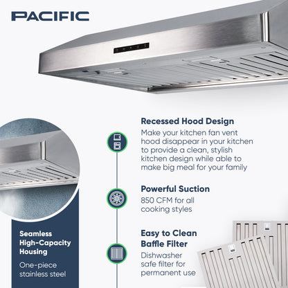 Pacific Economy Pro Under Cabinet Ducted Range Hood 30 inch - 850 CFM 3-Speed Powerful Kitchen Vent Hood - Electric Stainless Steel - Ultra Quiet, Glass Touch Control, 6W LED Lights PR6830AS
