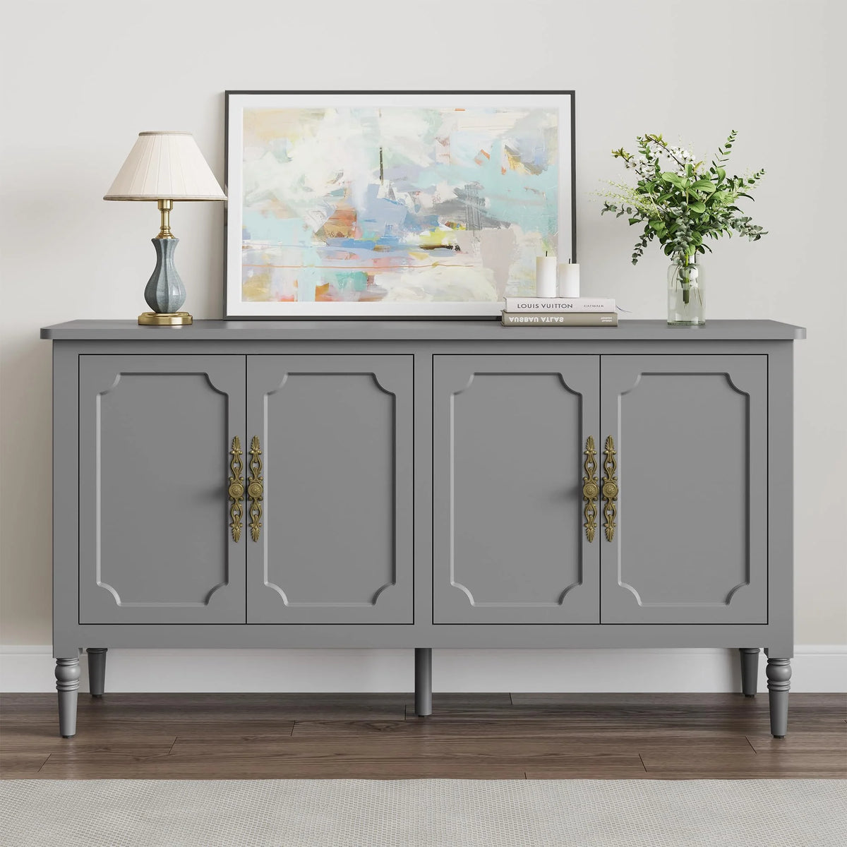May in Color Console Cabinet, 58'' Wood Sideboard Buffet Cabinet with Storage & 4 Doors, Mid Century Modern Pantry Cabinet for Entryway, Living Room, Bedroom, Dining Room, Green