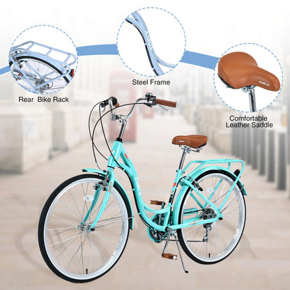 26 Inch Women's Bike, Adult Cruiser Bicycle Shimano 7 Speed Steel Frame City Commuter Bike for Ladies, Green
