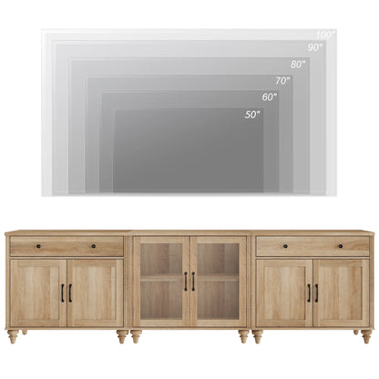 TV Stand for 100 Inch TV, 3-in-1 TV Console Table for 75/80/85/90 Inch TV, Farmhouse  Entertainment Center with Glass & Wooden Door, Kitchen Sideboard Buffet Cabinet for Dining Room, Oak