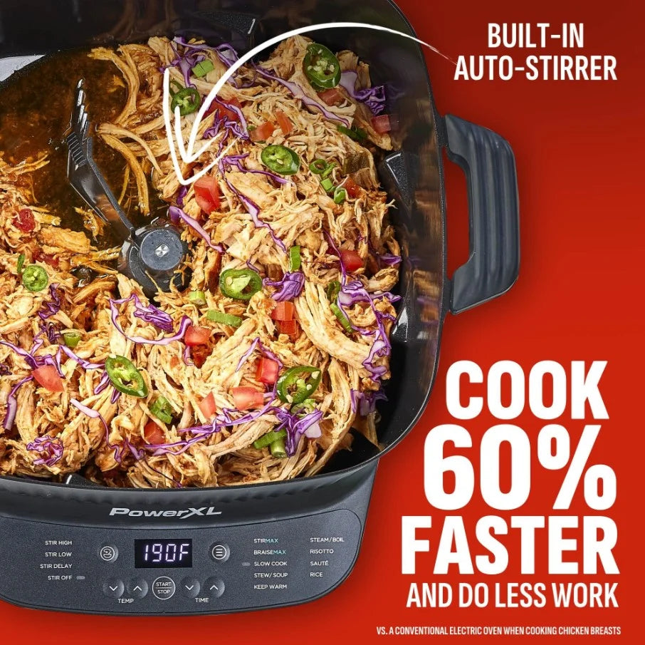 Power XL StirMax 7.5 Qt Multi-Cooker with Auto Stir/Shred Paddle and 9 Presets, Matte Black
