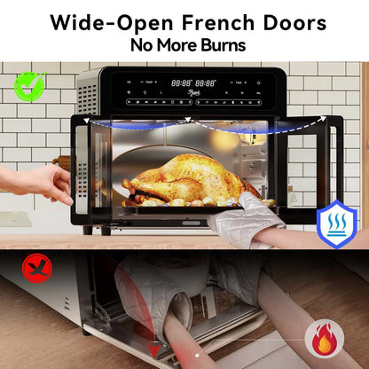 PwZzk 25.4QT Dual Zone Air Fryer Toaster Oven Combo, French Glass Door, XL Capacity, 100-430��F Temperature Range, 16 Preset Functions, LED Display, Dual Fan, 360�� Heat Circulation, Rotisserie, Bake,