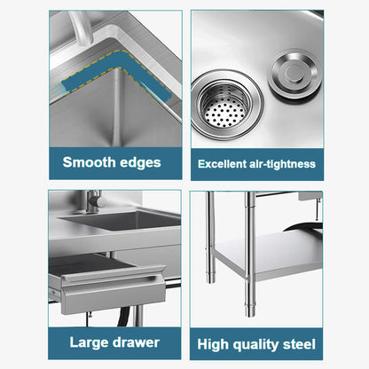 Stainless Steel Utility Sink Commercial Kitchen Sink 40'' Free Standing Tool Sink with Drawer & Cold and Hot Water Pipe for Kitchen Laundry Room Depot Indoor and Outdoor