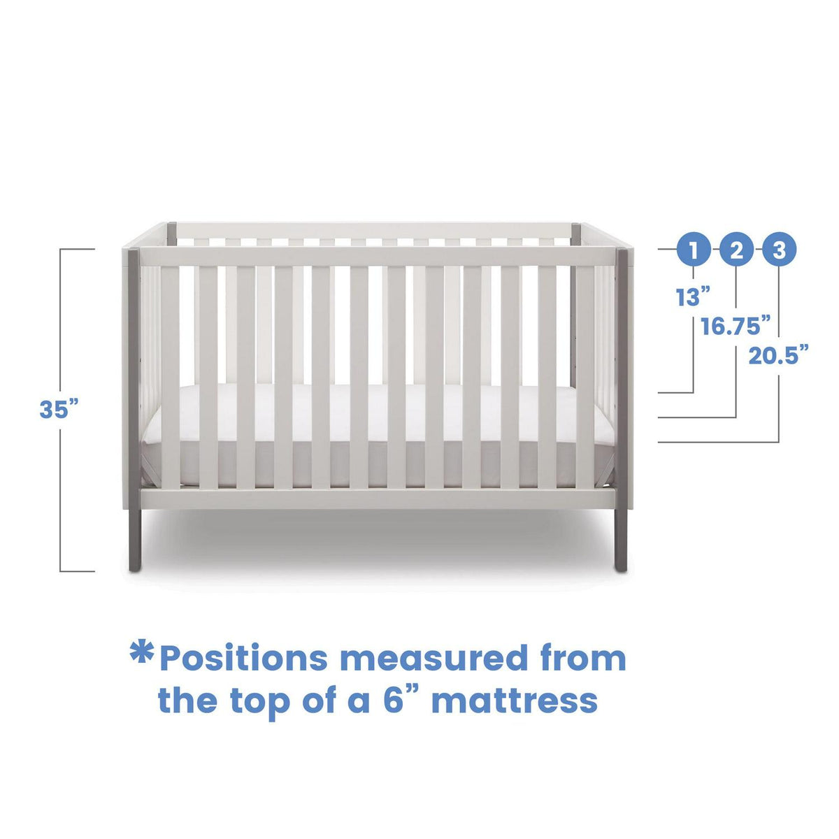 Delta Children Milo 3-in-1 Convertible Crib. Greenguard Gold Certified. Bianca White/Grey