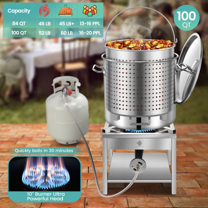100QT Stainless Steel Seafood Boil Pot with 200,000BTU Propane Burner, w/Basket for Outdoor Deep Fryer, Large Cooking Pot for Turkey Fryer, Crab, Crawfish, Shrimp, Lobster Boiling Stock Pot