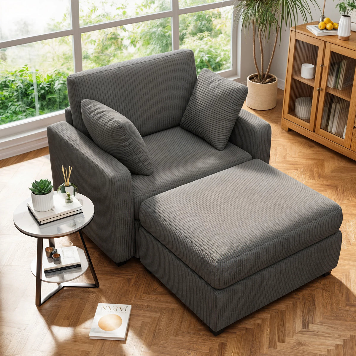 LUMIHO Chaise Lounge Chair Indoor, 42" Sleeper Chair with Two Throw Pillows and Armrests, Corduroy Chaise Couch Chair with Ottoman for Living Room, Bedroom, Apartment, Green