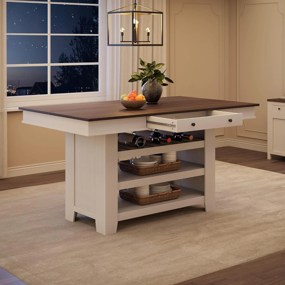60" Counter Height Dining Table for 4,Rustic Counter Height Dining Table with Drawers& Open Shelves for Kitchen, Bar