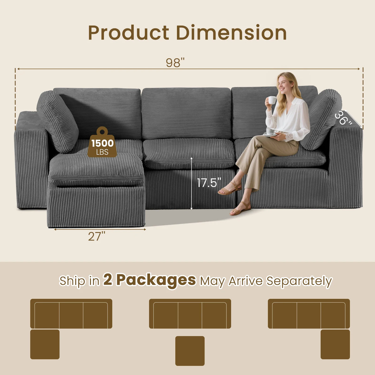 Cloud Sectional Couches for Living Room, Modular L-Shaped Sofa with Ottoman, Corduroy Sleeper Sofa Bed, No Assembly Compression Memory Foam Couch,White