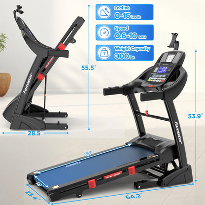 Treadmill 300 LB Capacity for Home with Incline, Folding Electric Running Walking Treadmill, Portable Treadmill for Home Use, 7.5 MPH, Smart Apps, 64+7 Programs, Bluetooth Speakers