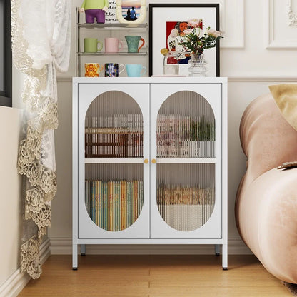Small 2 Transparent Door Metal Storage Side Buffet Cabinet for Bed Room,Living Room,Entryway,Hallway,Home,Hotel,Office,Garage,Kitchen,1 Removable Shelf.