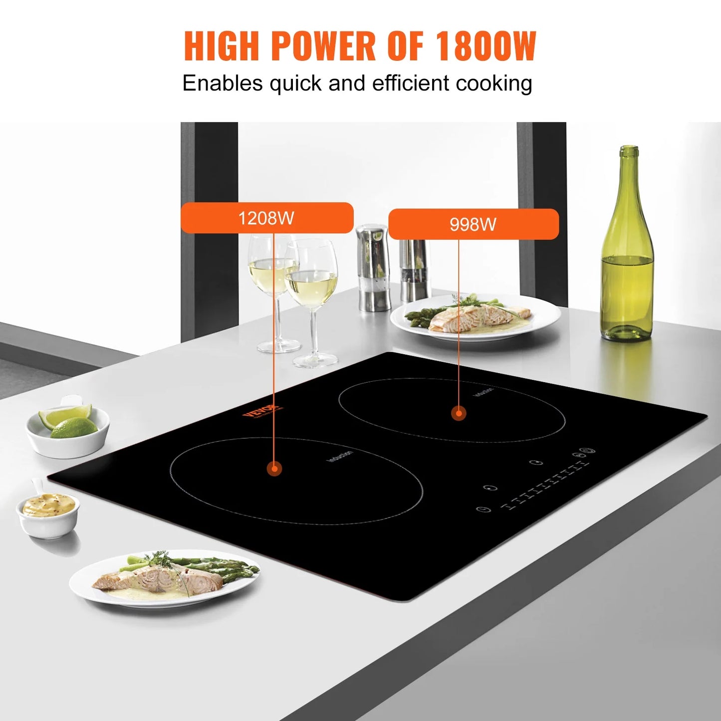BENTISM 24 inch Electric Cooktop 2 Burners Ceramic Glass Stove Top Touch Control