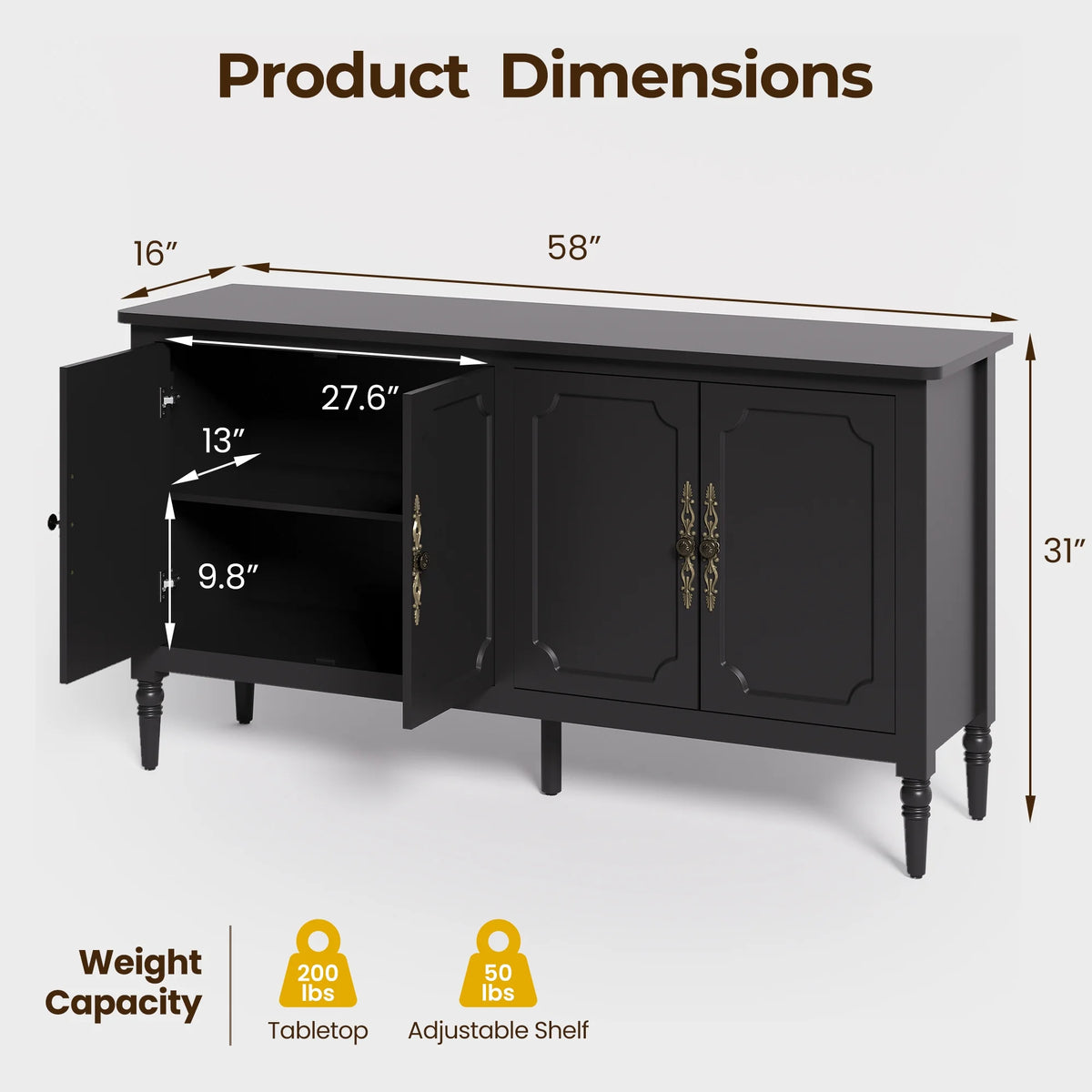 May in Color Console Cabinet, 58'' Wood Sideboard Buffet Cabinet with Storage & 4 Doors, Mid Century Modern Pantry Cabinet for Entryway, Living Room, Bedroom, Dining Room, Green