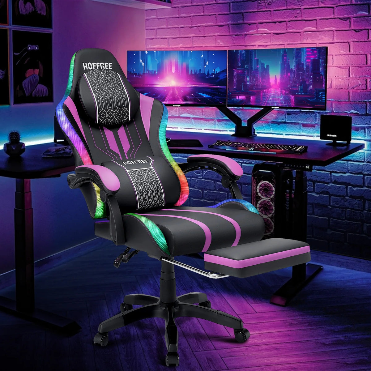 HOFFREE Big and Tall Gaming Chair with Speakers and RGB Lights, Gamer Chair with Footrest, Lumbar Support Height Adjustable 360-Swivel Seat and Headrest for Adults, 400lbs