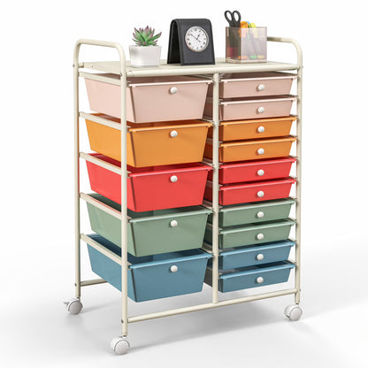 Costway 15 Drawer Rolling Storage Cart Tools Scrapbook Paper Office School Organizer White