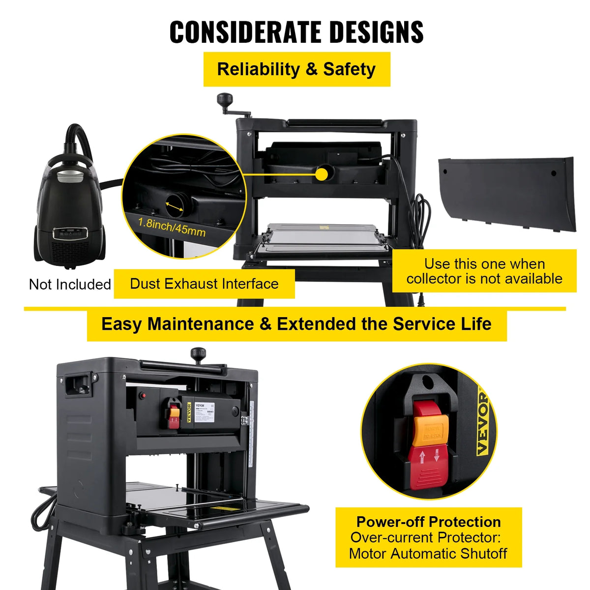 VEVORbrand 12.5" Thickness with detachable stand, Foldable Wood Planer 1500W Thickness Woodworking 315"/min Feed Rate Double Cutter Benchtop Thickness Planer with Dust Exhaust Interface Stand