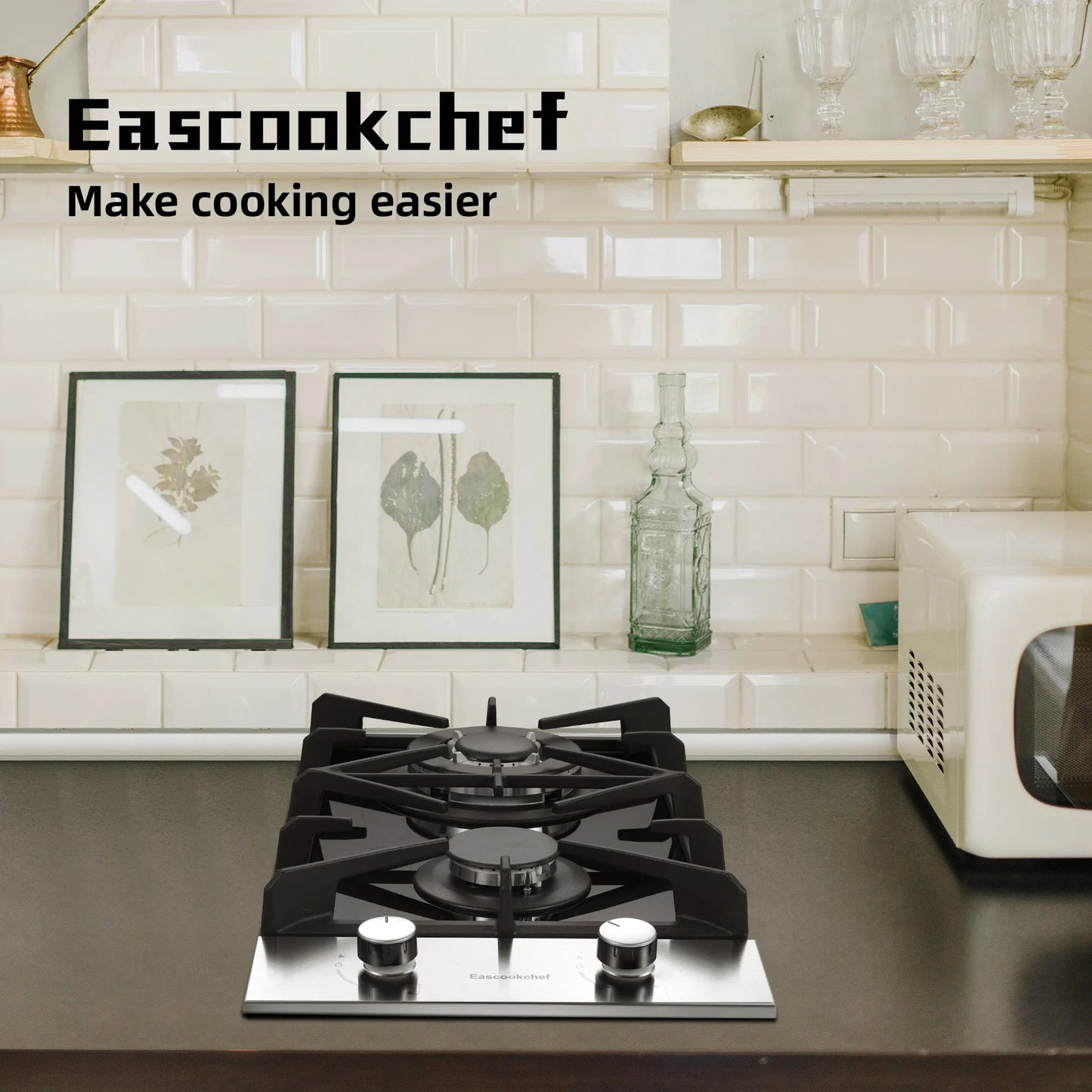 Eascookchef 2 Burners Gas Cooktop Electric Stove Oven 12 inch NG/LP Gas Stainless Flame-Out Proof