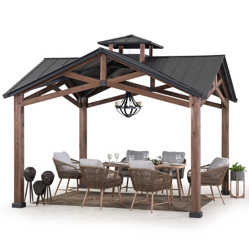 Sunjoy 12.5 x 12.5 ft. Hardtop Gazebo Outdoor Cedar Frame Wood Gazebo with Steel 2-Tier Hardtop Roof and Ceiling Hook