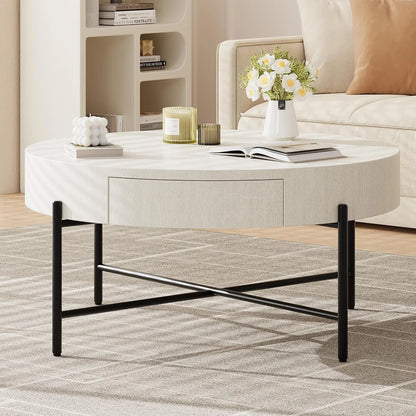 Round Coffee Table with Drawers Circle Living Room Table Wood Accent Coffee Table with Storage White Center Table (Natural)