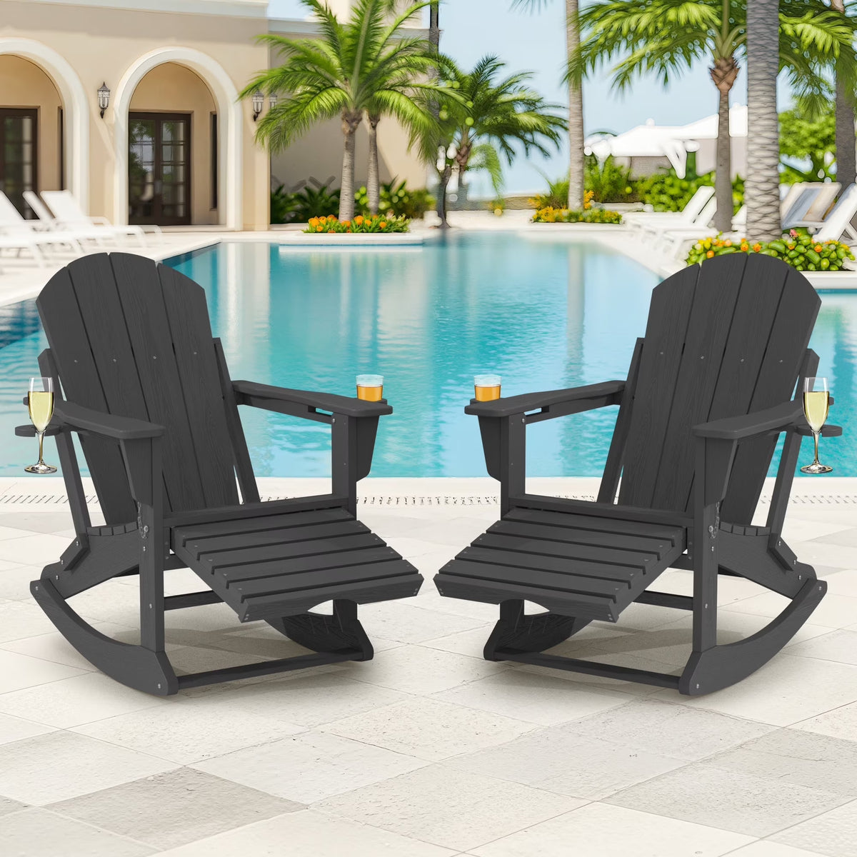 KINGYES Folding Adirondack Rocker Chair Set of 2 W/ Footrest & Dual Cup Holders, HDPE Outdoor Patio Rocking Chair, Black