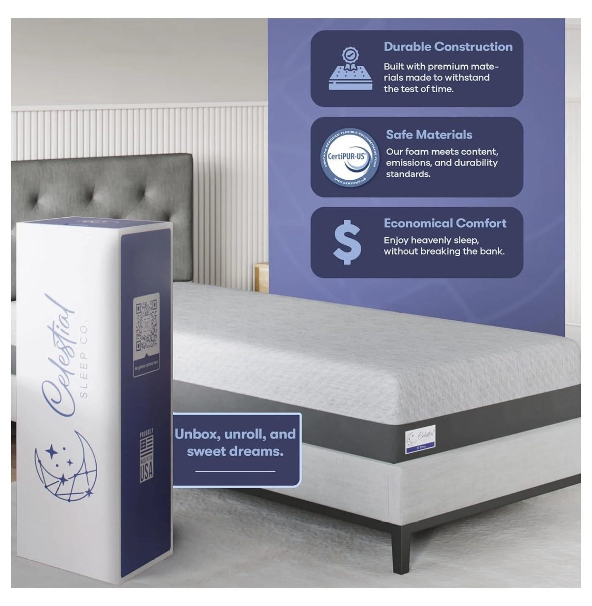 Gel Memory Foam Mattress in a Box, Made in The USA, Bed, 8 inch Firm -