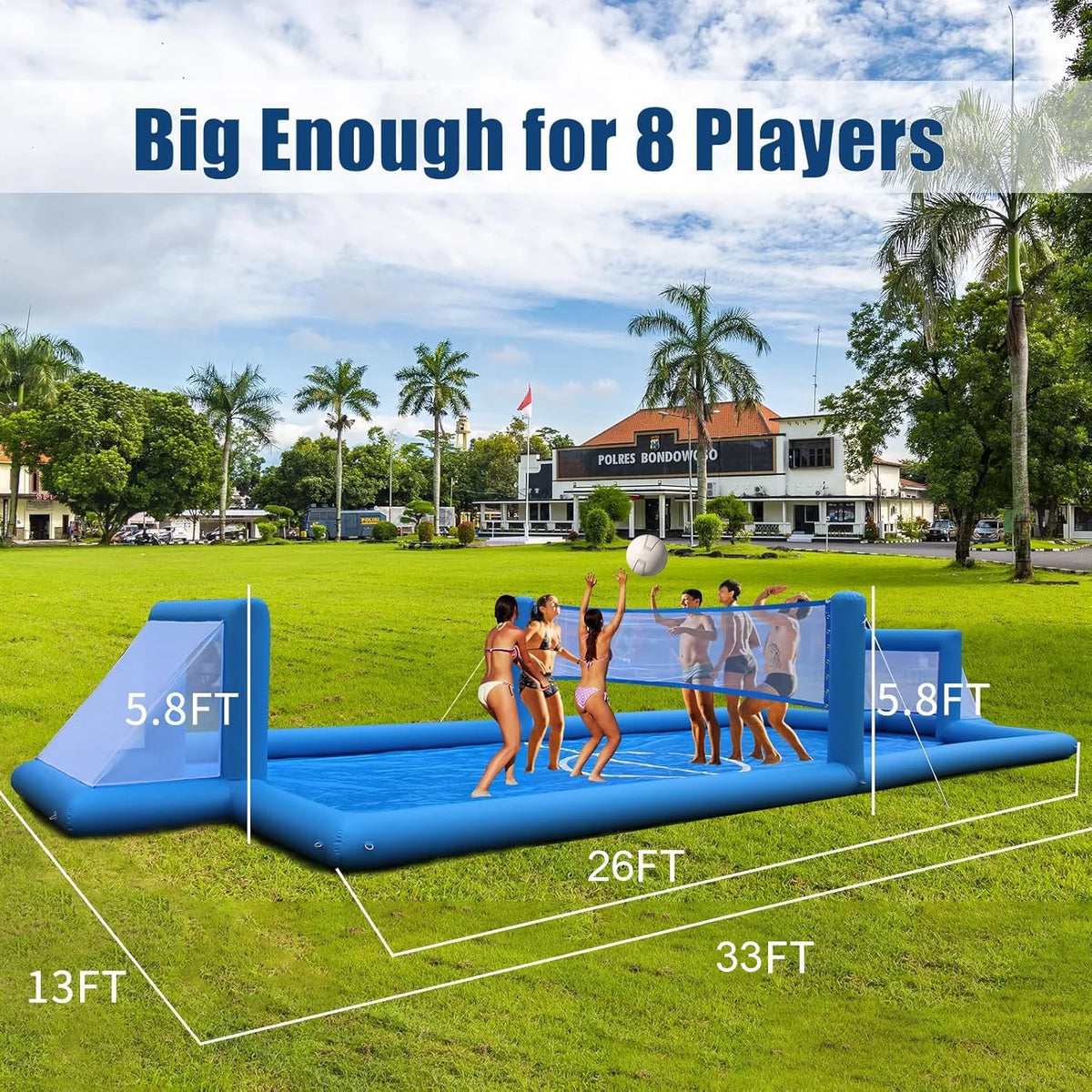 33FT Inflatable Volleyball Court Beach Pool Volleyball Net for Backyard Outdoor Training Game with 800W Air Pump, Volleyball Pool/Water Volleyball Field