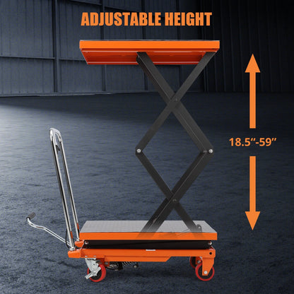 Hydraulic Lift Table Cart - 770 lbs Capacity, Adjustable Up to 59" Lifting Height, Manual Double Scissor Lift Table with 4 Wheels & 3mm Non-Slip Pads for Safe Material Handling & Transport, Orange