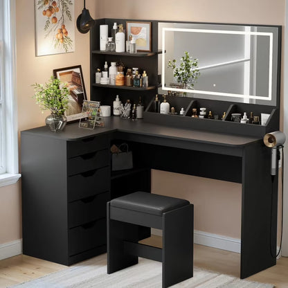 Furmax L Shaped Vanity Desk Set Corner Makeup Vanity Set with Adjustable LED Lighted Mirror & Power Outlets Dressing Table with Organizers, and Cushioned Stool, White