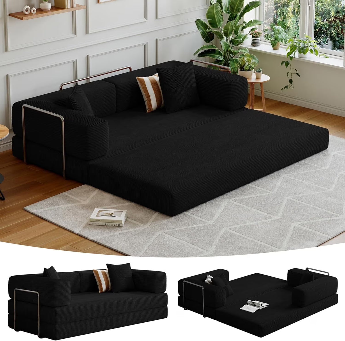 Convertible Sleeper Sofa Bed,Compressed Floor Boneless Couch,Modular Modern Corduroy Sofa for Living Room Bedroom -with Fixed-Shape Frame and Support Armrest,Easy Assembly(Green)