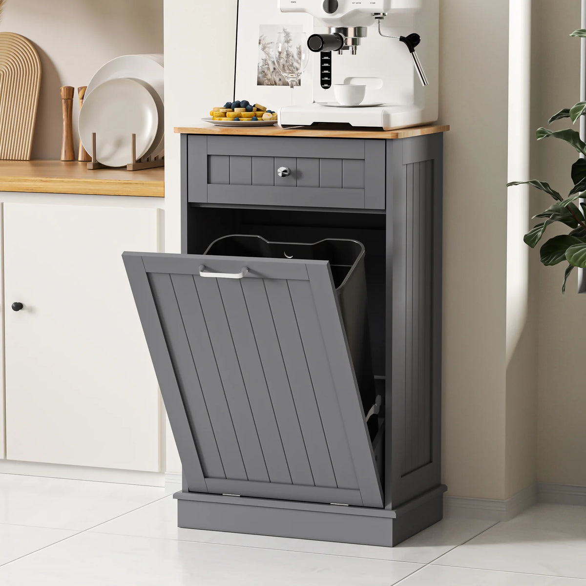 HARIPUL Single Tilt Out Trash Cabinet for 13 Gallon Waste Bin, Free Standing Kitchen Trash Can Cabinet with Drawers, White