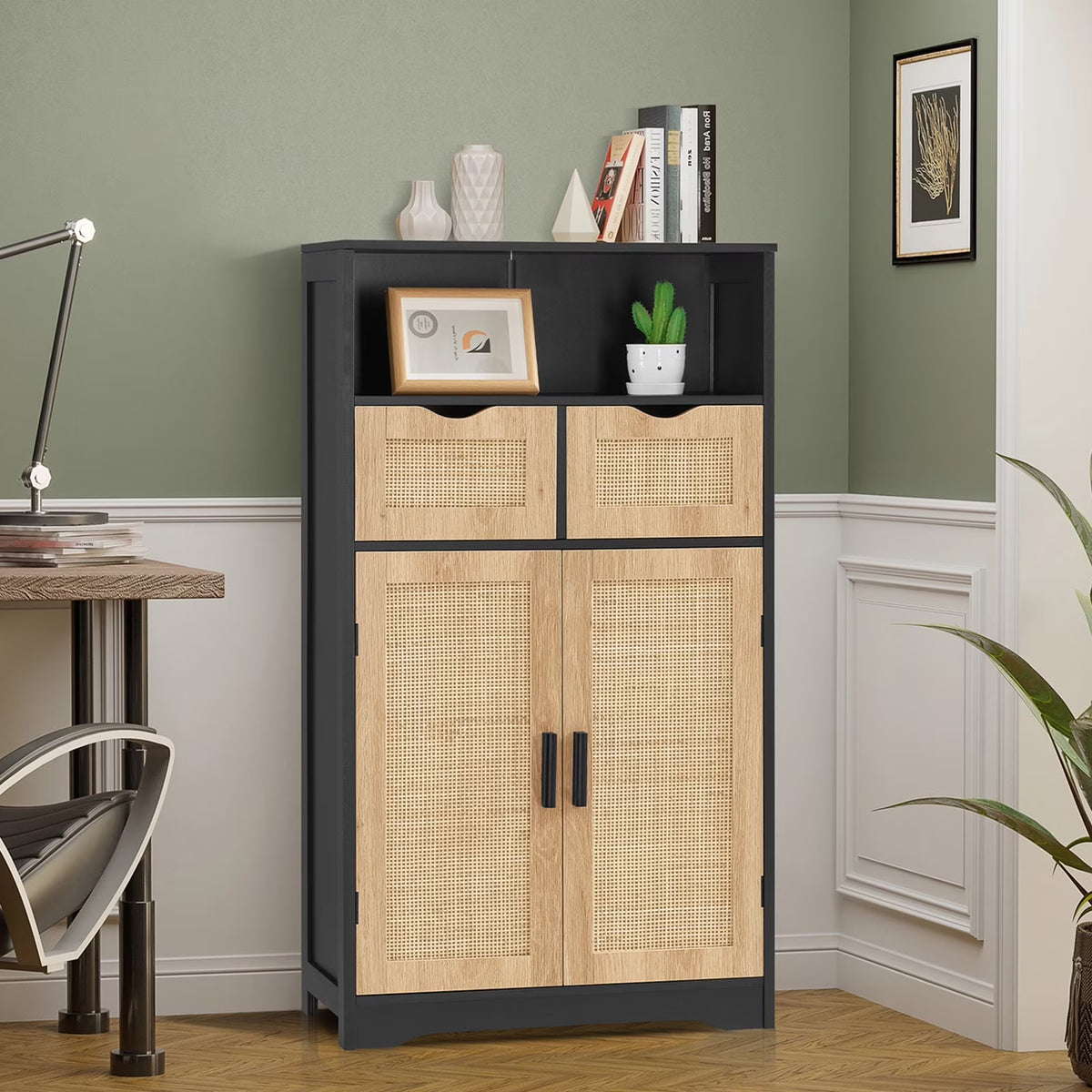 FANGSUM Rattan Storage Cabinet with 2 Drawers & 2 Shelves, Floor Cabinet for Living Room