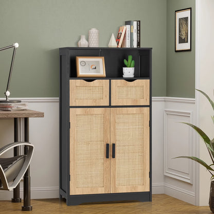 FANGSUM Rattan Storage Cabinet with 2 Drawers & 2 Shelves, Floor Cabinet for Living Room
