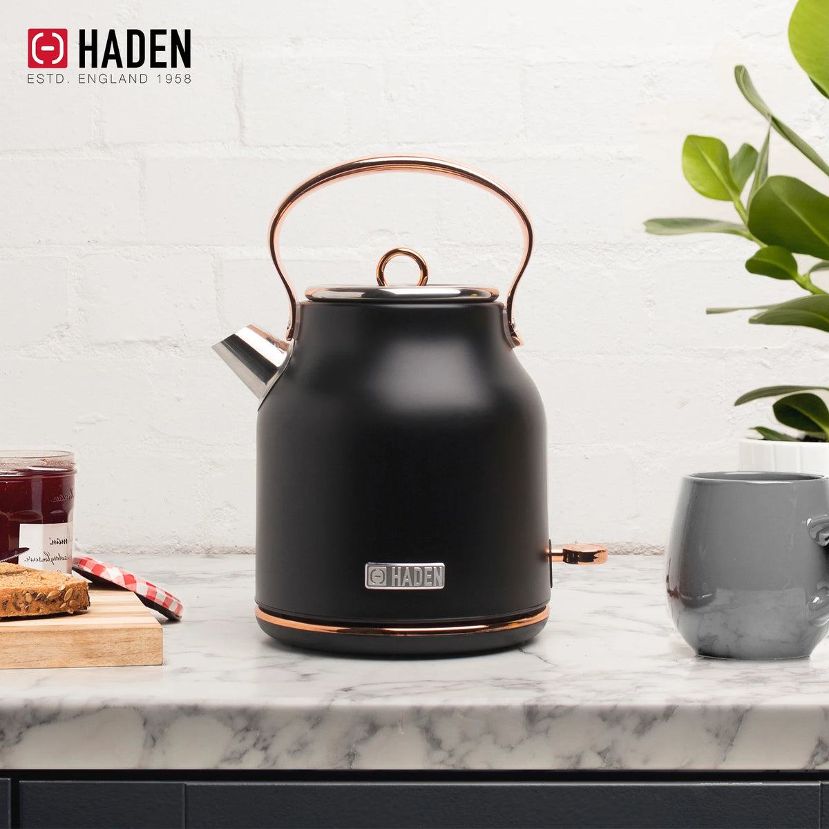 Haden Heritage 1500 1.7 Electric Kettle, Matte Black Finish with Copper Accents