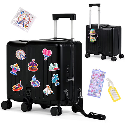 Advwin Ride-On Kids Luggage with Pull Strap, Footrests, Cup Holder, 6 Wheels & Adjustable Handle, 18-Inch Spinner Suitcase with Stickers & Boarding Pass, Pink