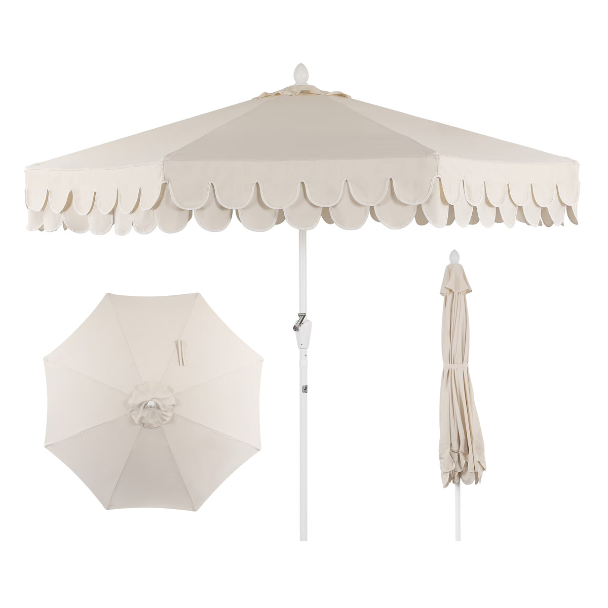 JONATHAN Y Tracy 9 ft. Market Patio Umbrella, Classic Mid-Century Scalloped Fringe, with Auto-Tilt Crank, Wind Vent and UV Protection, Coral Pink/White, Dark Brown Pole
