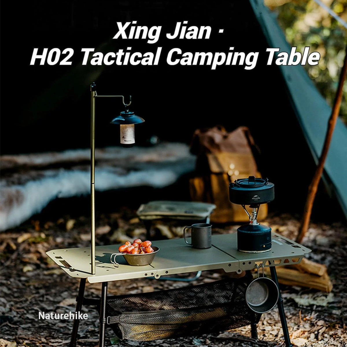 Naturehike, Portable Camping Table, Outdoor Detachable Tactical Camping Table, Lightweight Aluminium Camping Table with Light Pole, Adjustable Height