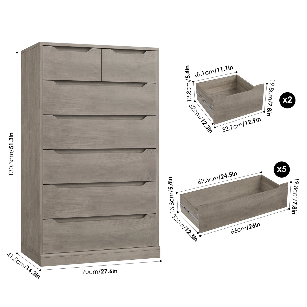 Homfa 7 Drawer White Dresser, 51.3"H Wood Storage Cabinet with Upgraded Stable Base, Vertical Chest for Bedroom Living Room