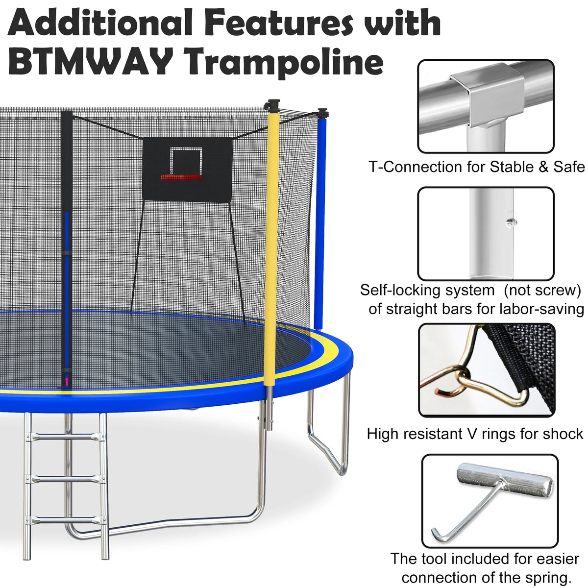 SHINPT 14ft Trampoline for Kids, Outdoor Trampoline with Net, Big Trampoline with Basketball Hoop and Ladder, Heavy Duty Trampoline with No-gap Design, Backyard Trampolines for Adult